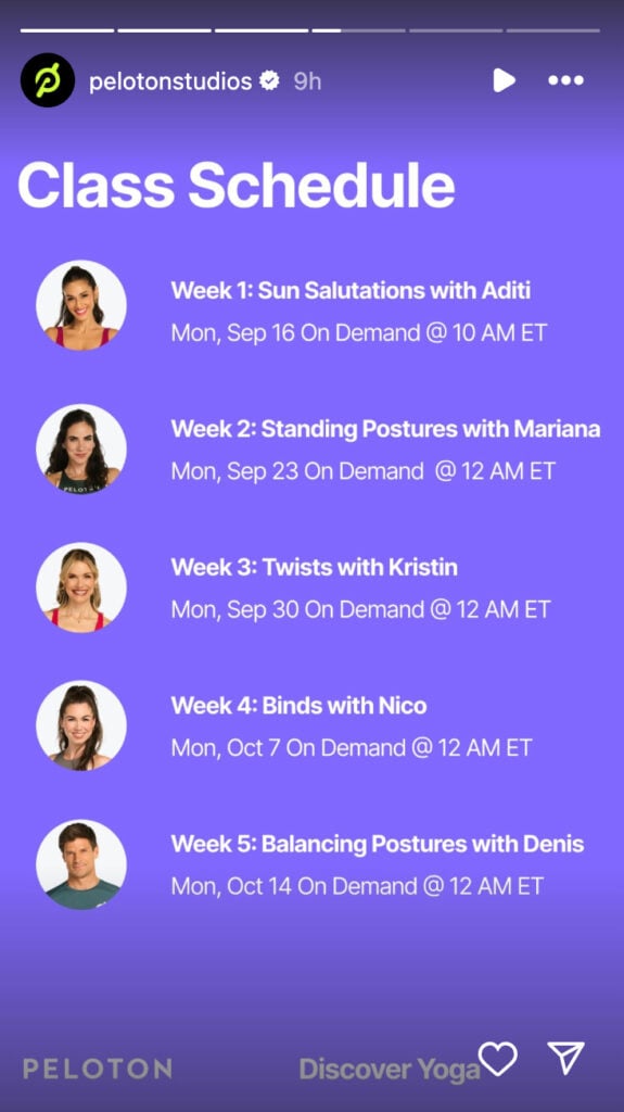 @PelotonStudios Instagram Story regarding Discover Yoga programs.